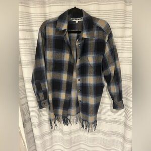New Frontier Blue and Tan Plaid Fringe Shirt